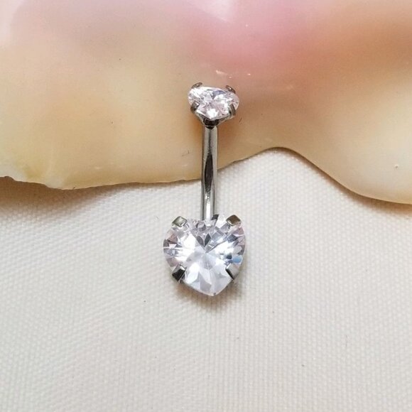14G Surgical Steel belly ring with clear heart CZ prong set piercing jewelry - Picture 1 of 6